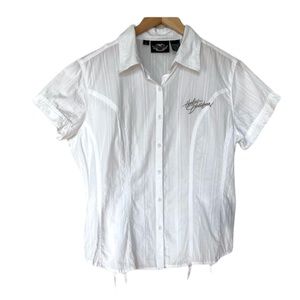 Harley- Davidson white button front lace up back 100% cotton short sleeve shirt